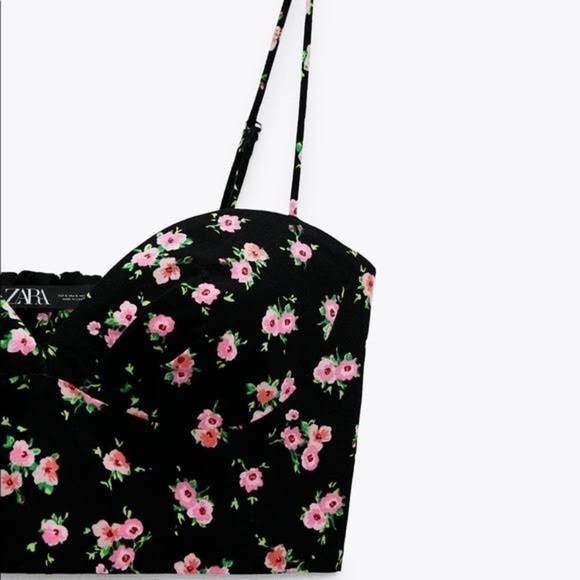 Zara Black Microflower Floral Strappy Crop Corset top size S - Picture 6 of 16